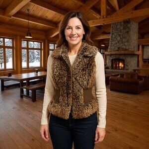 Womens Faux Fur Vest Brown Sherpa Y2K Boho Chunky Knit Waist Cozy Winter